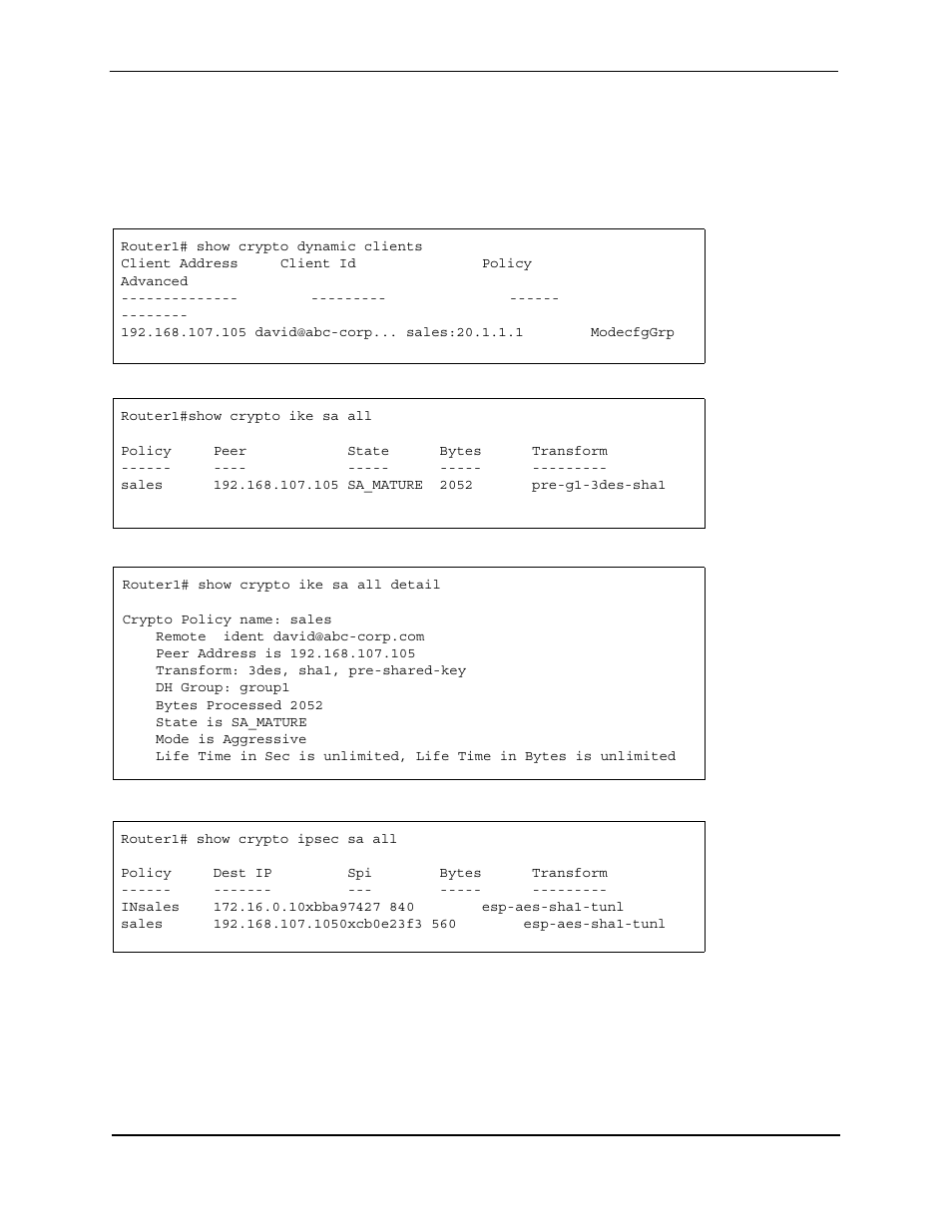 Router1# show crypto dynamic clients, Client address client id policy advanced, 105 david@abc-corp... sales:20.1.1.1 modecfggrp | Router1#show crypto ike sa all, Policy peer state bytes transform, Router1# show crypto ike sa all detail, Crypto policy name: sales, Remote ident david@abc-corp.com, Peer address is 192.168.107.105, Transform: 3des, sha1, pre-shared-key | Foundry Networks AR3202-CL User Manual | Page 269 / 293