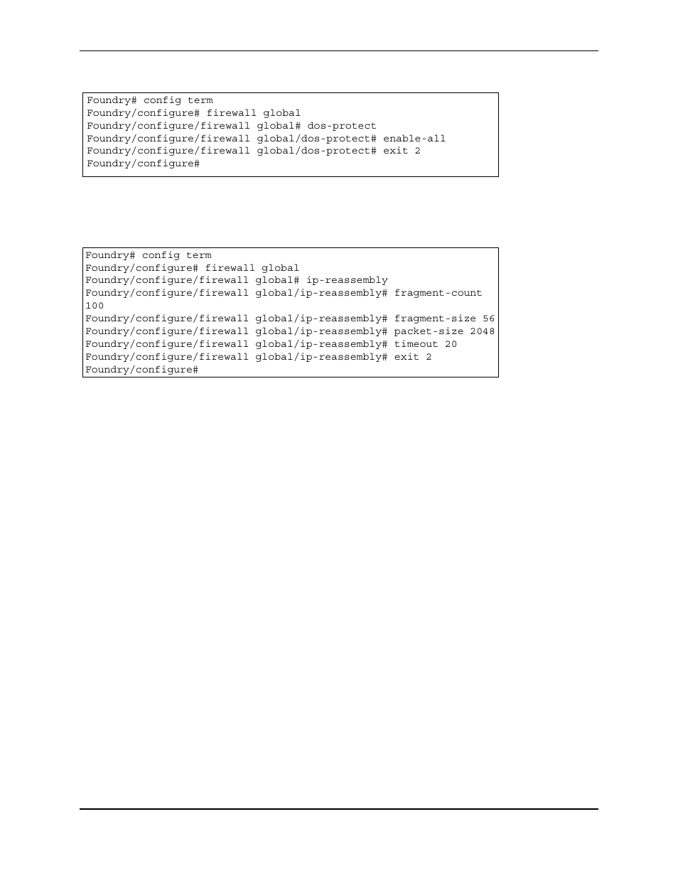 Foundry# config term, Foundry/configure# firewall global, Foundry/configure/firewall global# dos-protect | Foundry/configure, Packet reassembly, Foundry/configure/firewall global# ip-reassembly, Nat configurations, Acket, Eassembly, Nat c | Foundry Networks AR3202-CL User Manual | Page 282 / 293