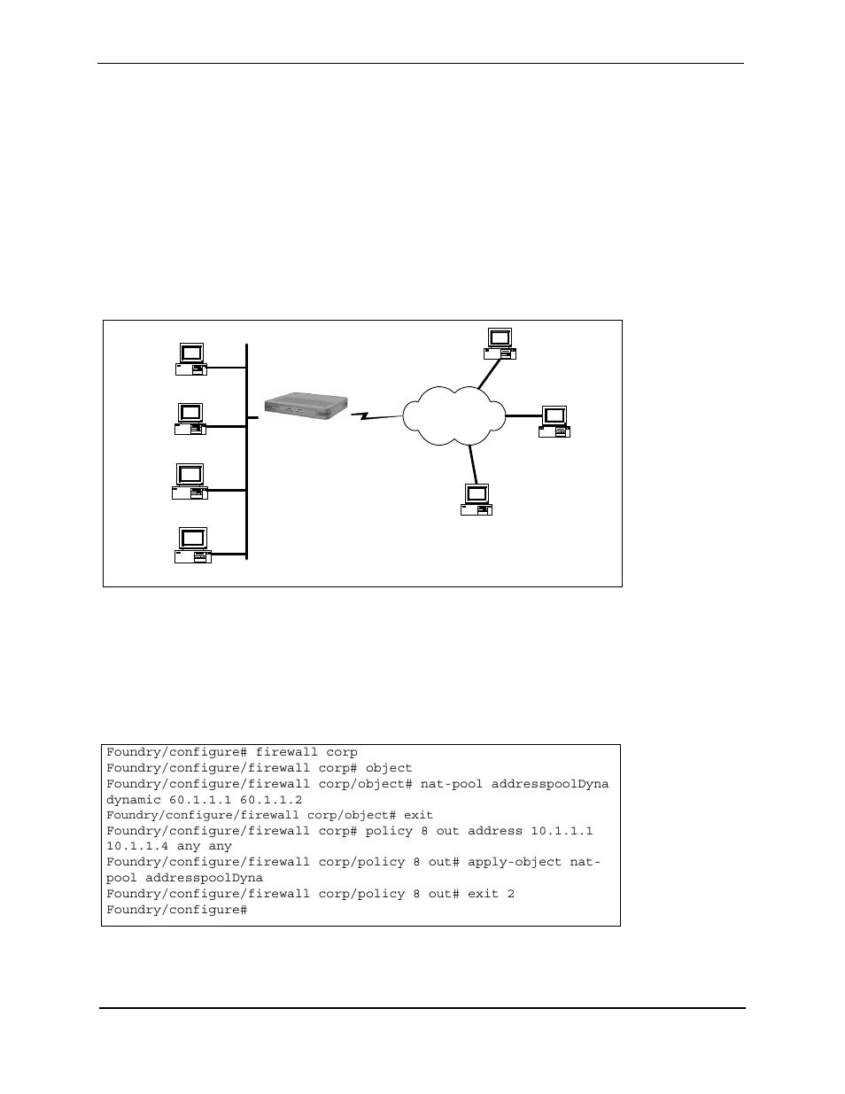 Nat configuration examples, Foundry/configure# firewall corp, Foundry/configure/firewall corp# object | Foundry/configure/firewall corp/object# exit, Foundry/configure, Nat c, Onfiguration, Xamples | Foundry Networks AR3202-CL User Manual | Page 283 / 293