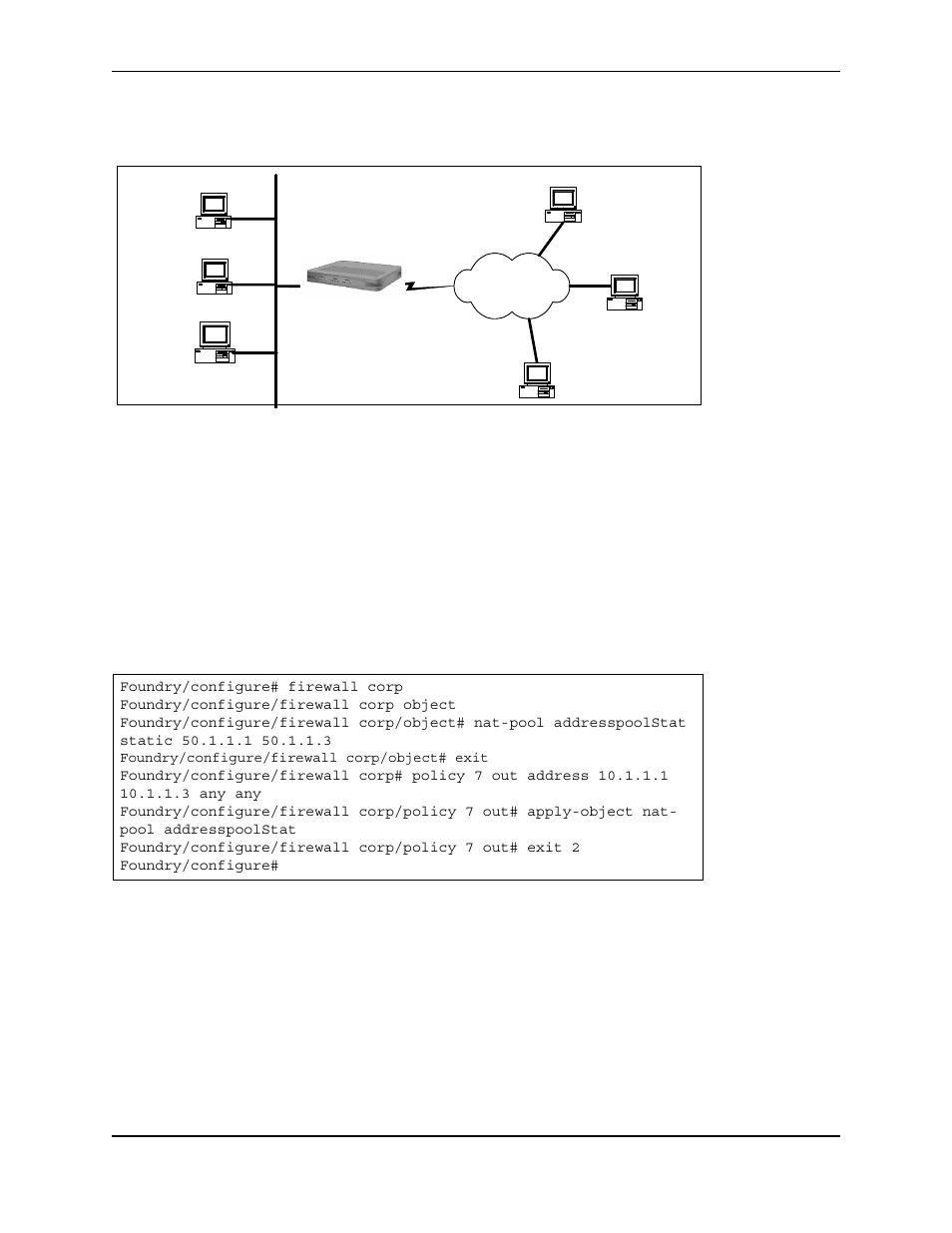 Foundry/configure# firewall corp, Foundry/configure/firewall corp object, Foundry/configure/firewall corp/object# exit | Foundry/configure | Foundry Networks AR3202-CL User Manual | Page 284 / 293