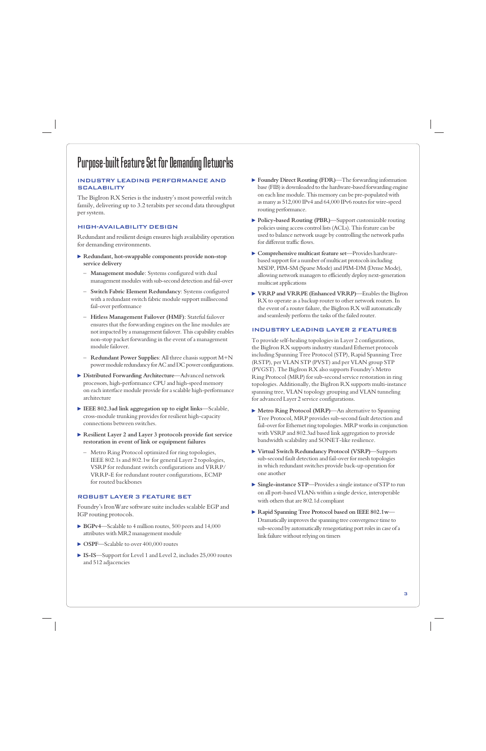 Purpose-built feature set for demanding networks | Foundry Networks BIGIRON RX-32 User Manual | Page 3 / 8
