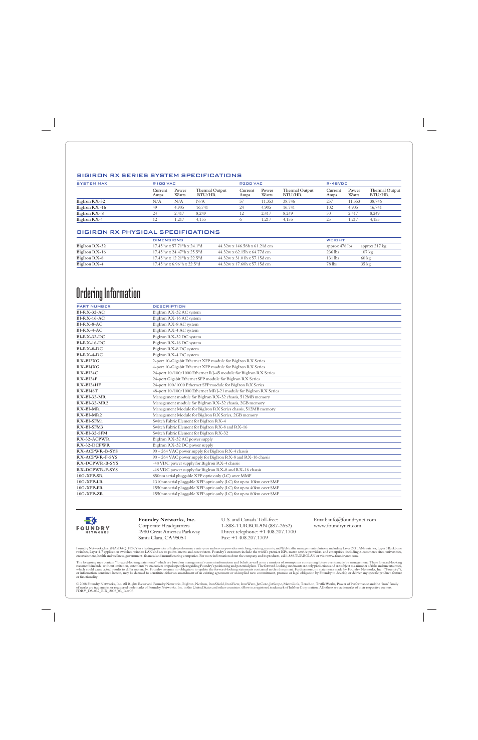 Ordering information, Bigiron rx series system specifications, Bigiron rx physical specifications | Foundry Networks BIGIRON RX-32 User Manual | Page 8 / 8