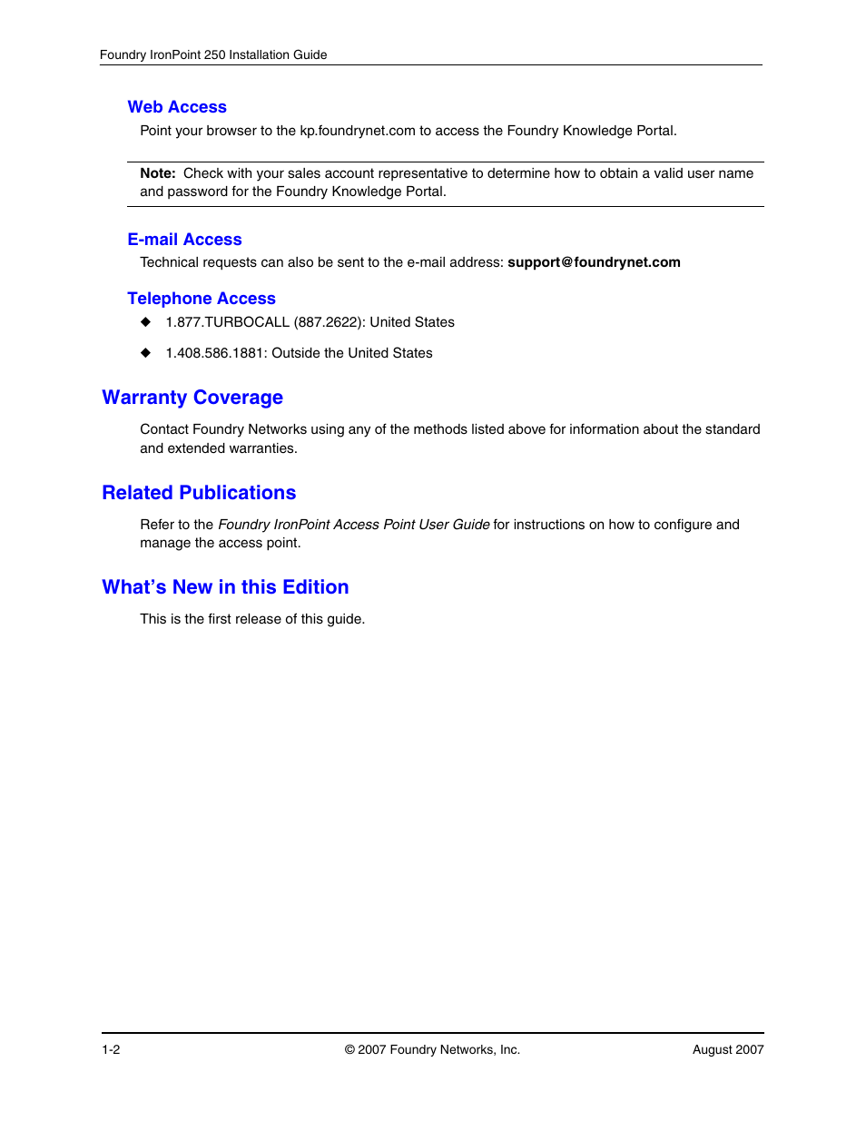 Web access, E-mail access, Telephone access | Warranty coverage, Related publications, What’s new in this edition, Web access -2, E-mail access -2, Telephone access -2, Warranty coverage -2 | Foundry Networks IRONPOINT 250 User Manual | Page 16 / 64