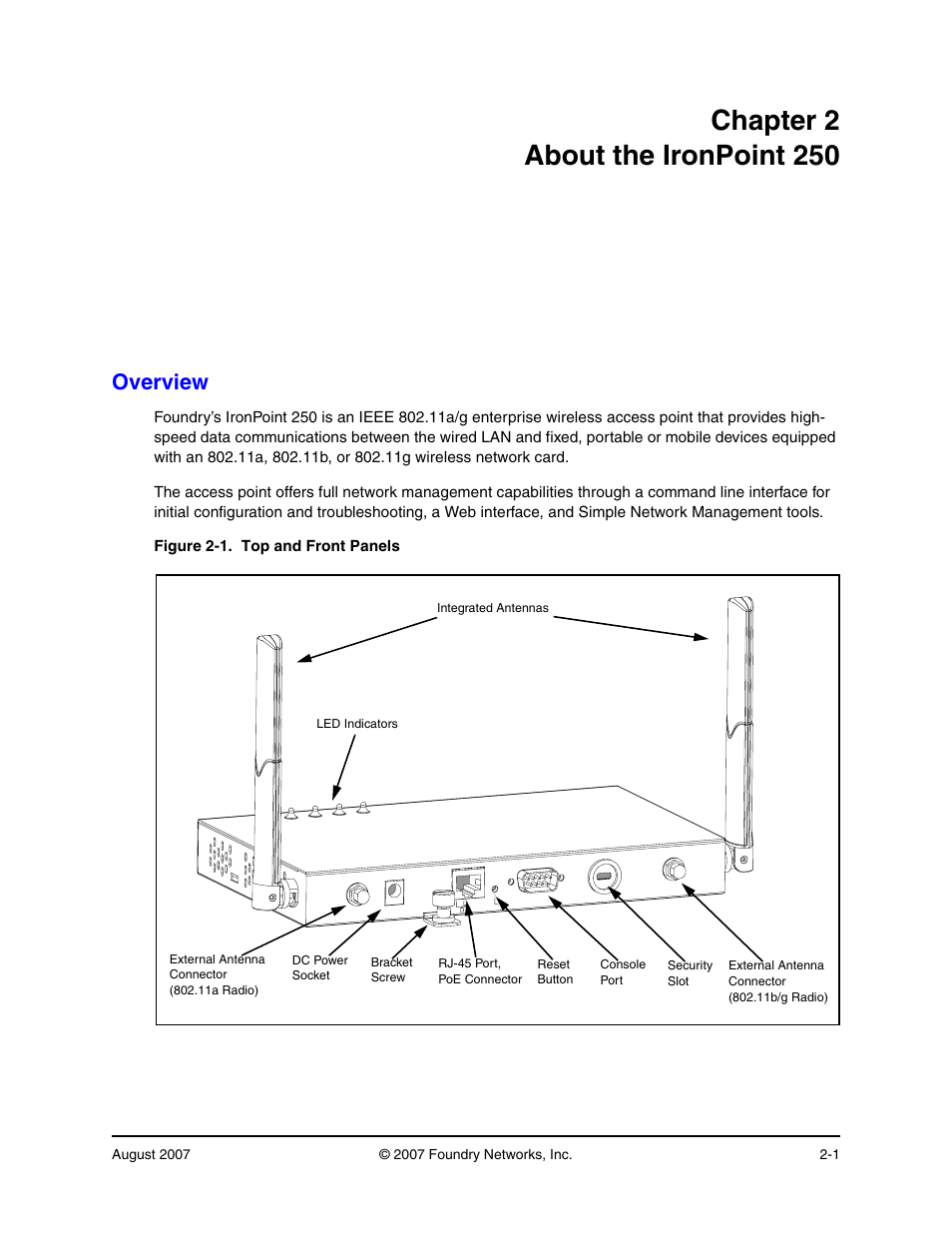 Chapter 2 about the ironpoint 250, Overview, Chapter 2. about the ironpoint 250 -1 | Overview -1 | Foundry Networks IRONPOINT 250 User Manual | Page 17 / 64