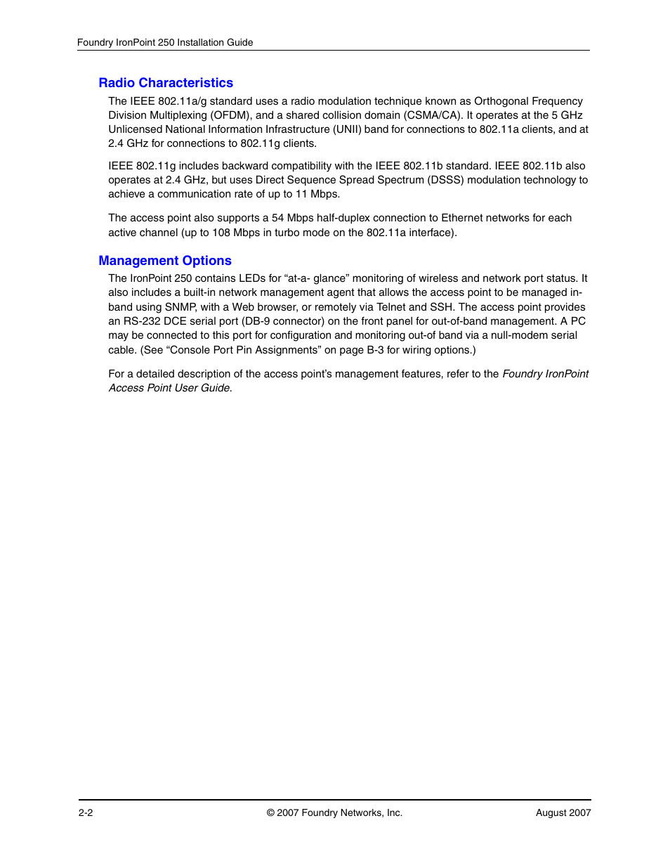 Radio characteristics, Management options, Radio characteristics -2 | Management options -2 | Foundry Networks IRONPOINT 250 User Manual | Page 18 / 64