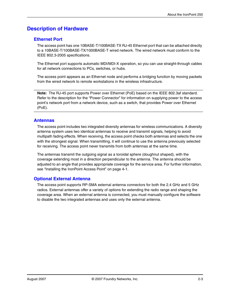 Description of hardware, Ethernet port, Antennas | Optional external antenna, Description of hardware -3, Ethernet port -3, Antennas -3, Optional external antenna -3 | Foundry Networks IRONPOINT 250 User Manual | Page 19 / 64