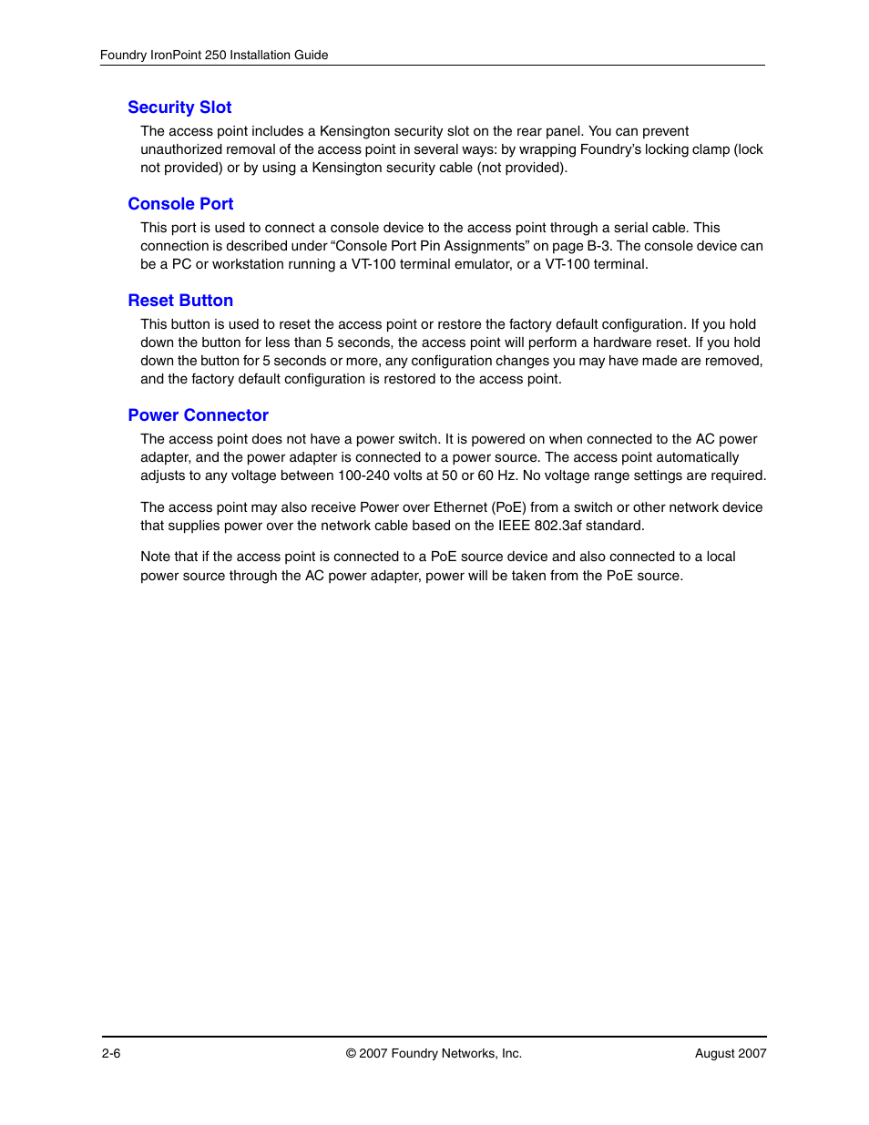 Security slot, Console port, Reset button | Power connector, Security slot -6, Console port -6, Reset button -6, Power connector -6 | Foundry Networks IRONPOINT 250 User Manual | Page 22 / 64