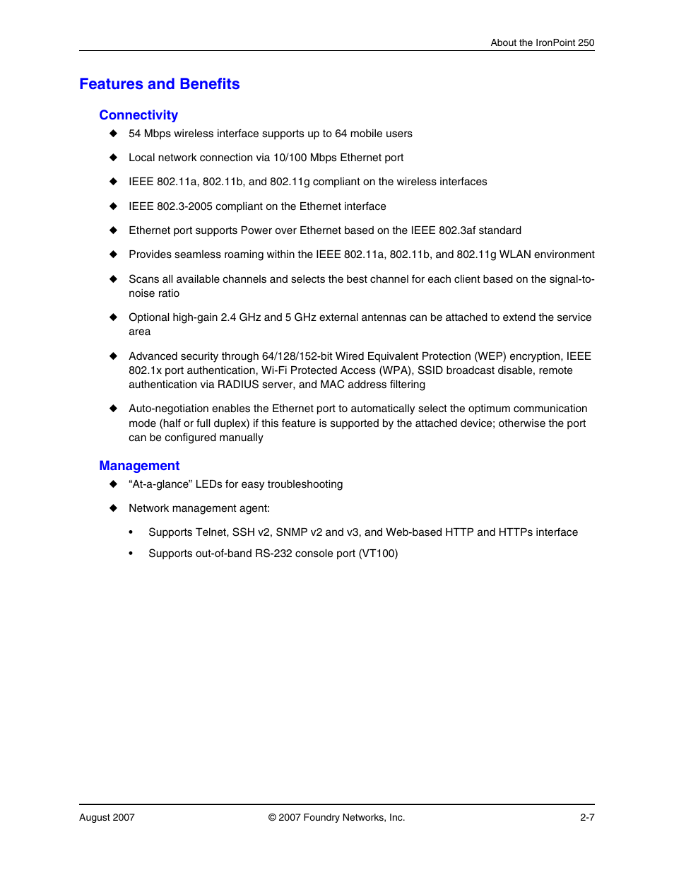 Features and benefits, Connectivity, Management | Features and benefits -7, Connectivity -7, Management -7 | Foundry Networks IRONPOINT 250 User Manual | Page 23 / 64