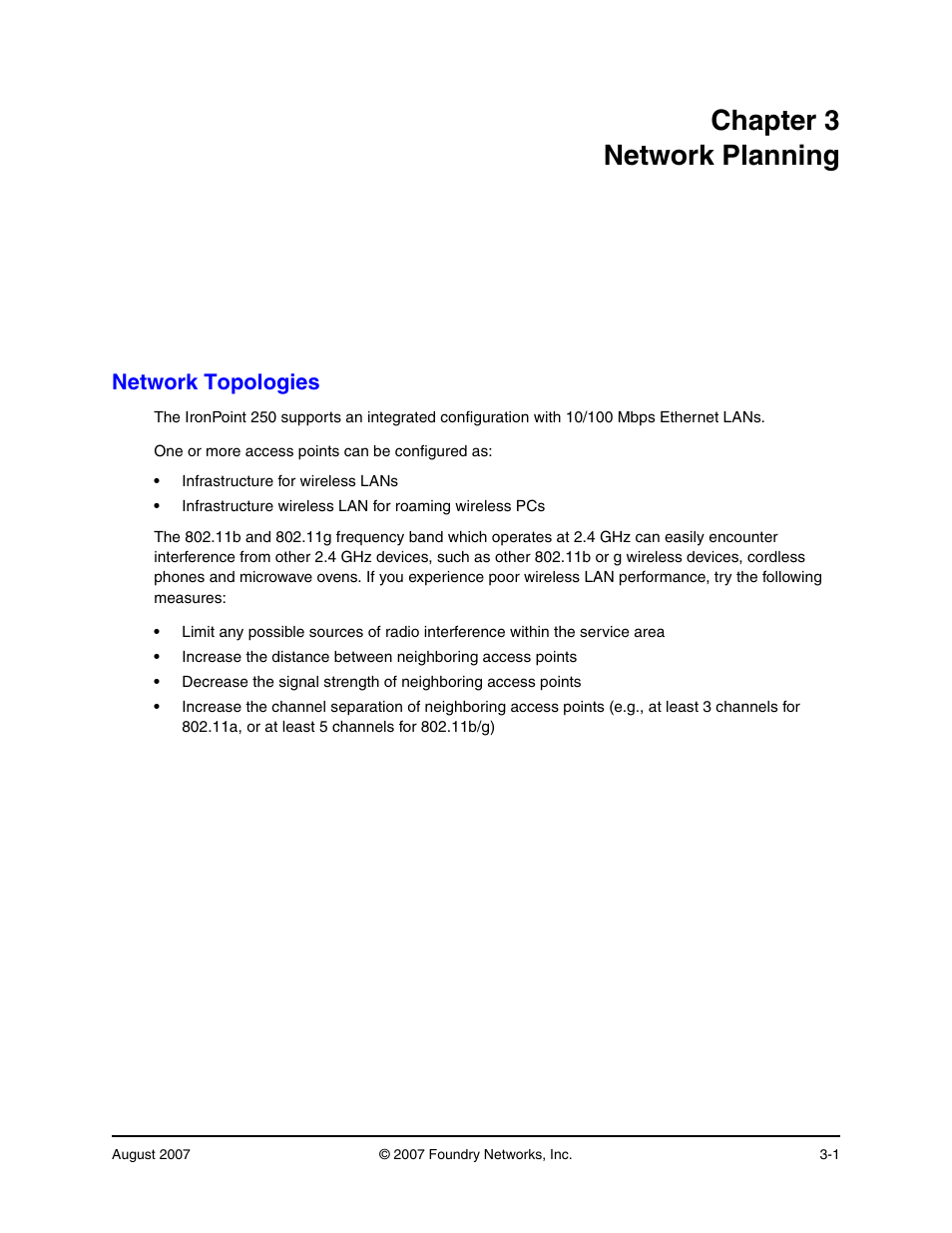 Chapter 3 network planning, Network topologies, Chapter 3. network planning -1 | Network topologies -1 | Foundry Networks IRONPOINT 250 User Manual | Page 25 / 64