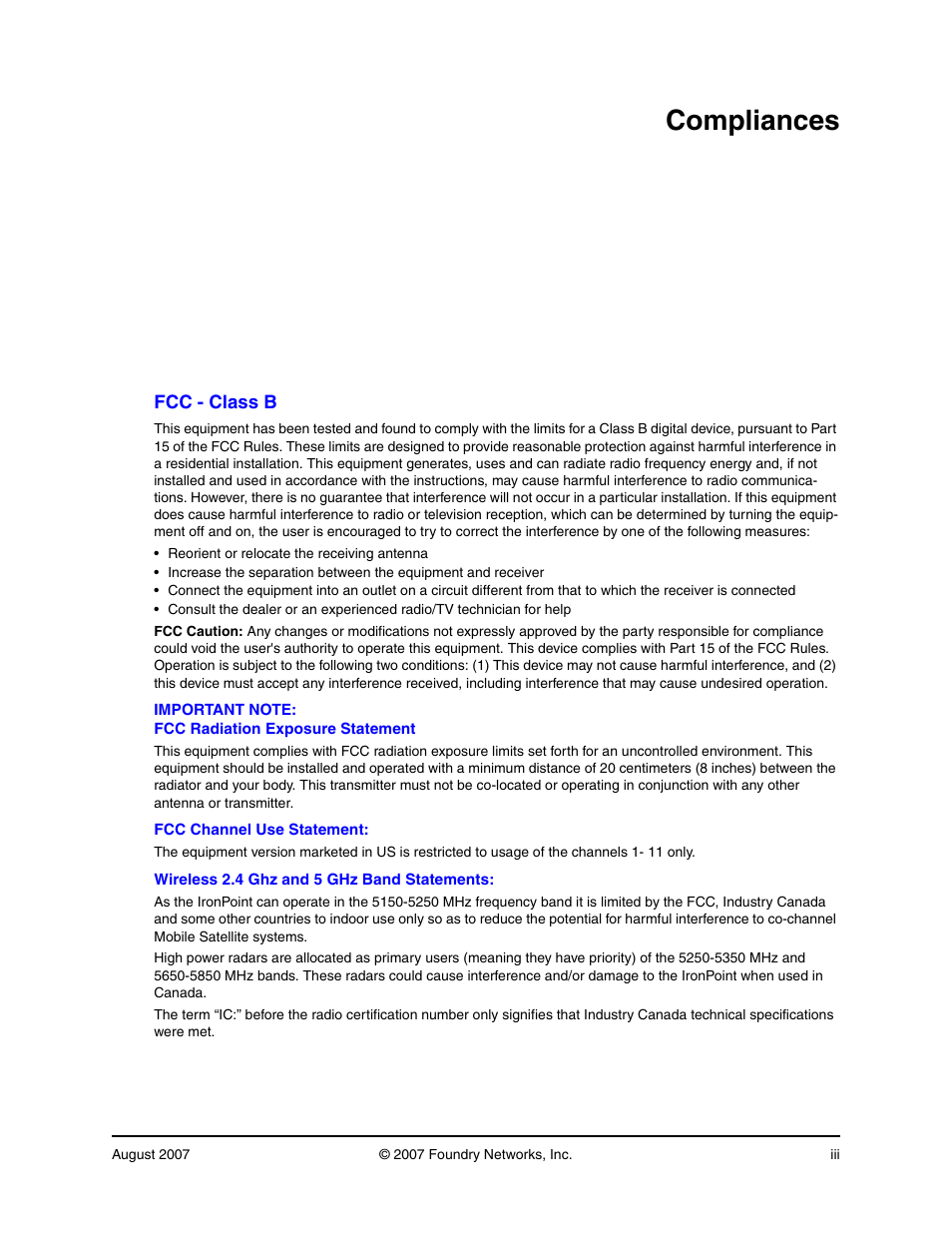 Compliances | Foundry Networks IRONPOINT 250 User Manual | Page 3 / 64