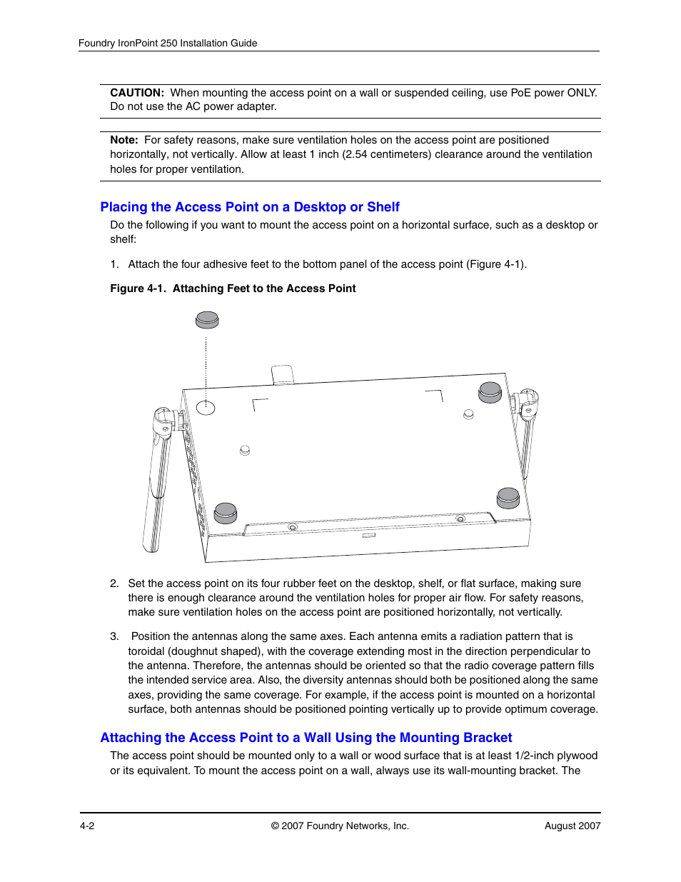 Placing the access point on a desktop or shelf, Placing the access point on a desktop or shelf -2 | Foundry Networks IRONPOINT 250 User Manual | Page 30 / 64
