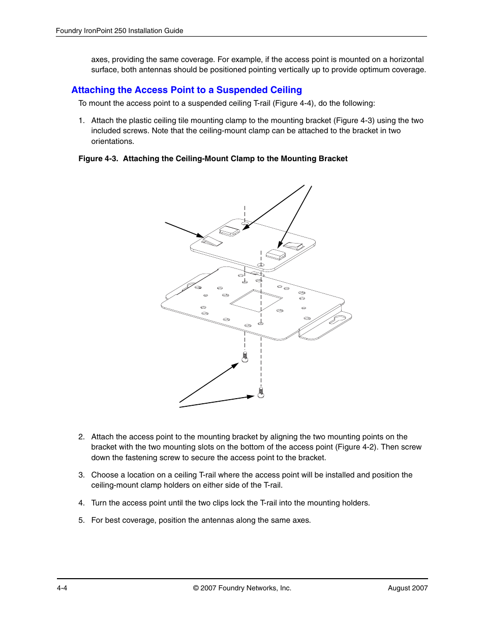 Attaching the access point to a suspended ceiling | Foundry Networks IRONPOINT 250 User Manual | Page 32 / 64