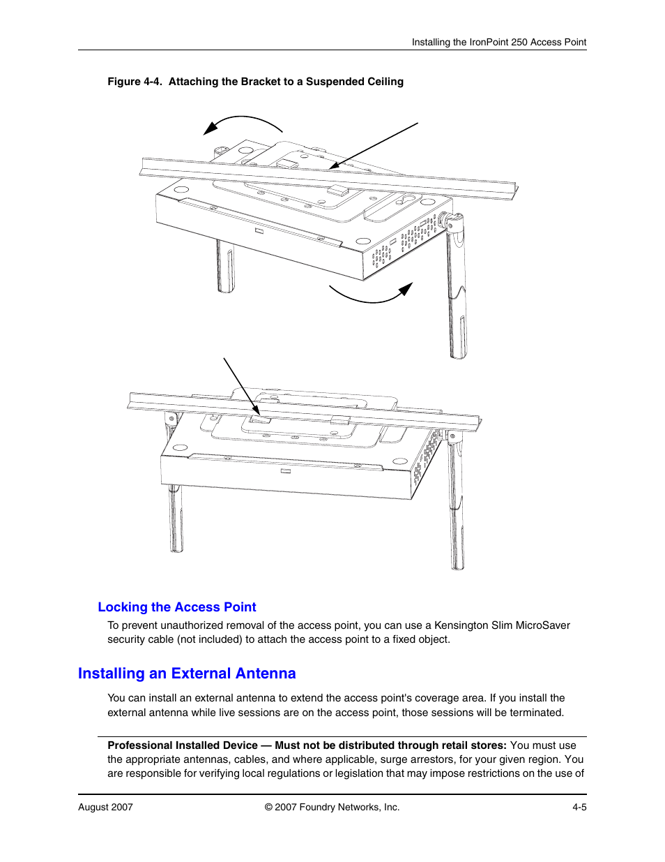 Locking the access point, Installing an external antenna, Locking the access point -5 | Installing an external antenna -5 | Foundry Networks IRONPOINT 250 User Manual | Page 33 / 64