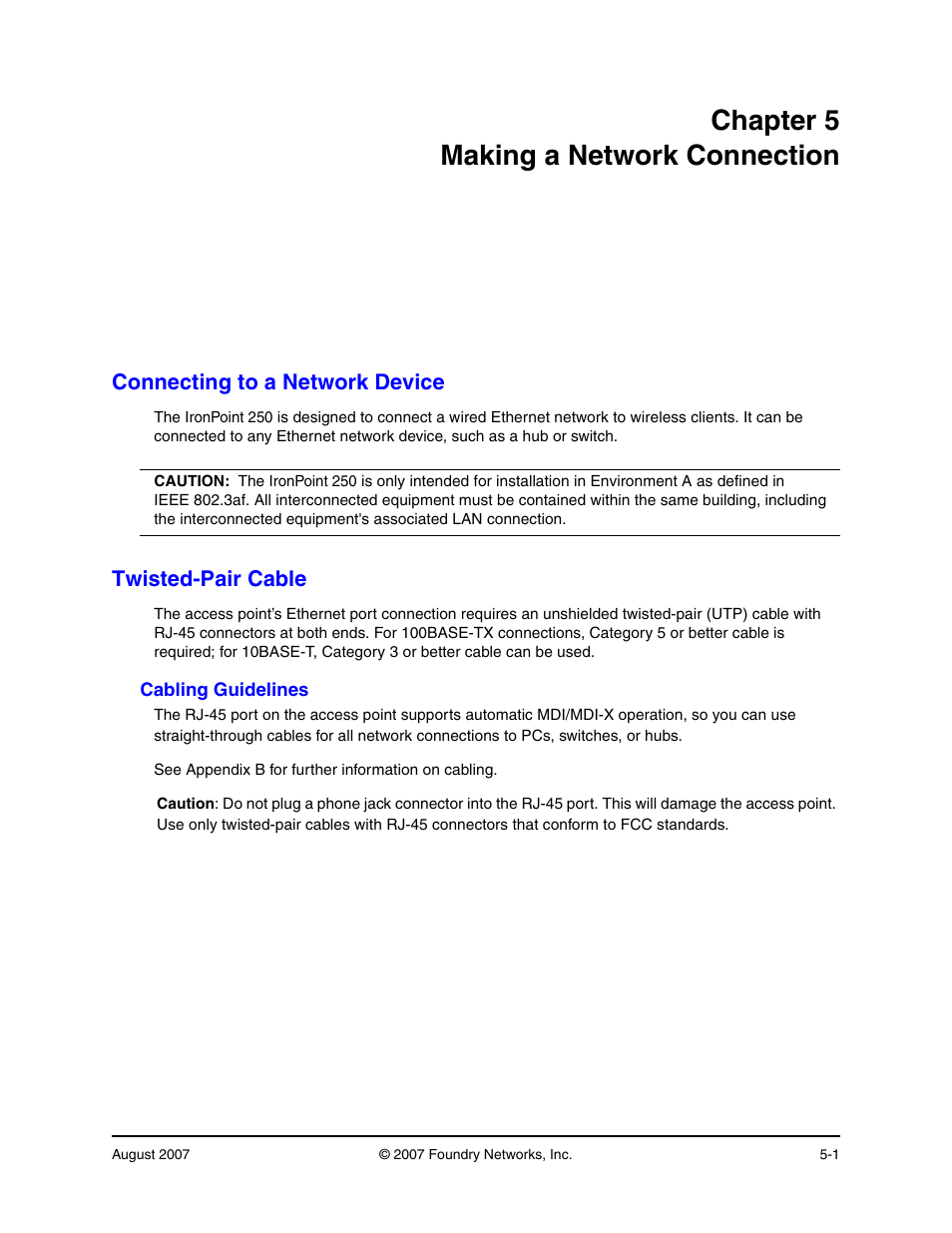 Chapter 5 making a network connection, Connecting to a network device, Twisted-pair cable | Cabling guidelines, Chapter 5. making a network connection -1, Connecting to a network device -1, Twisted-pair cable -1, Cabling guidelines -1 | Foundry Networks IRONPOINT 250 User Manual | Page 39 / 64