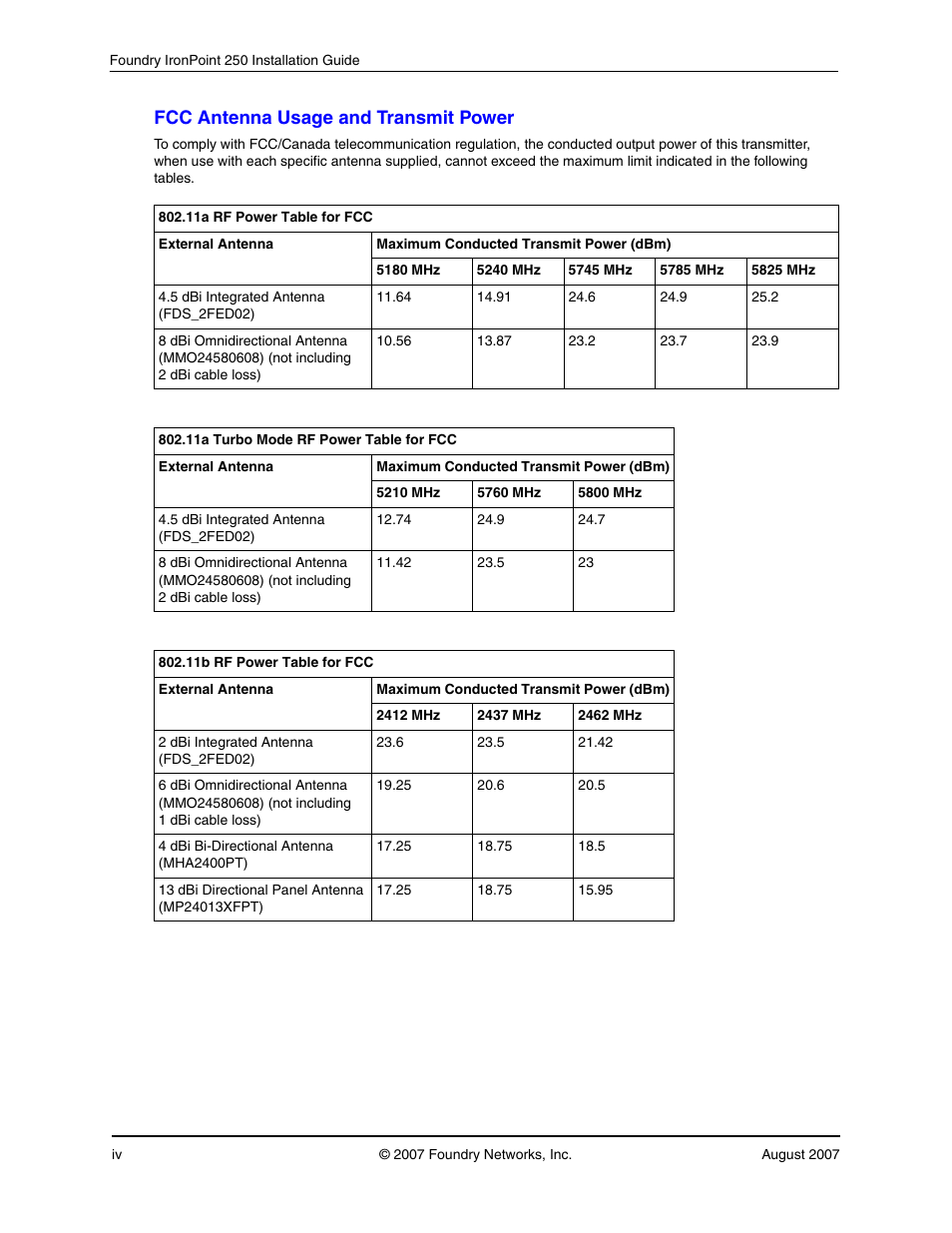 Fcc antenna usage and transmit power | Foundry Networks IRONPOINT 250 User Manual | Page 4 / 64