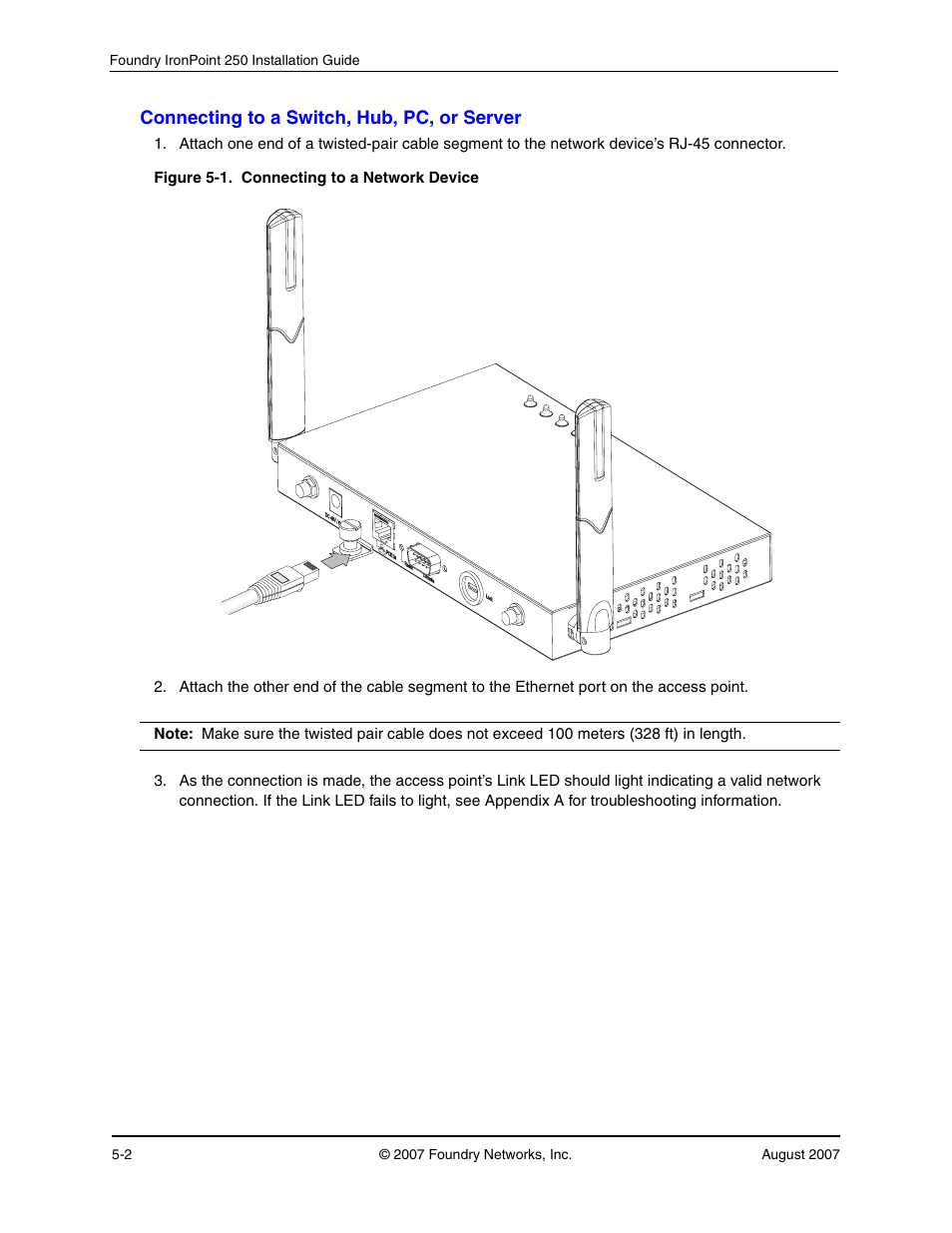 Connecting to a switch, hub, pc, or server, Connecting to a switch, hub, pc, or server -2 | Foundry Networks IRONPOINT 250 User Manual | Page 40 / 64