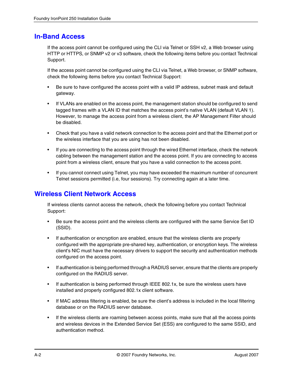In-band access, Wireless client network access | Foundry Networks IRONPOINT 250 User Manual | Page 42 / 64