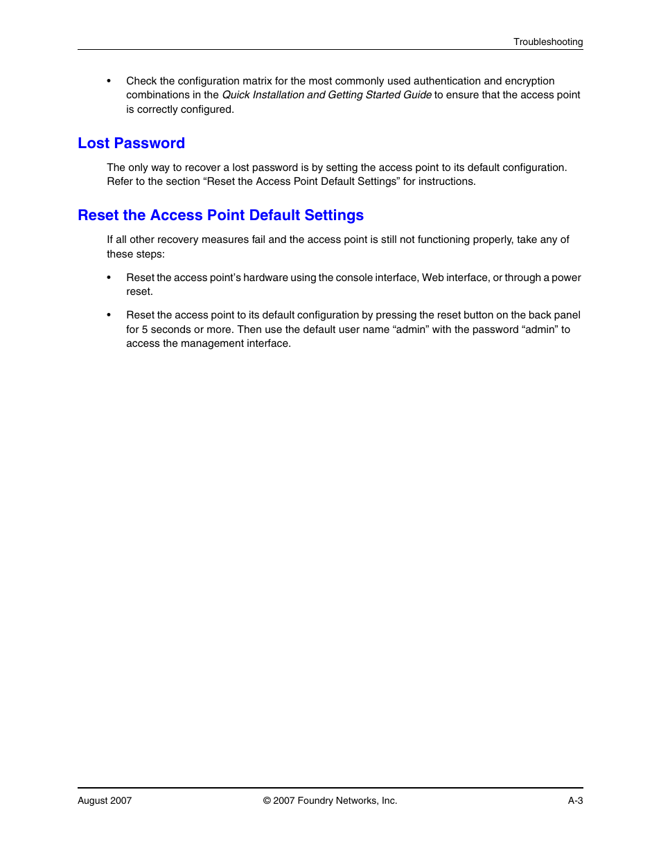 Lost password, Reset the access point default settings | Foundry Networks IRONPOINT 250 User Manual | Page 43 / 64