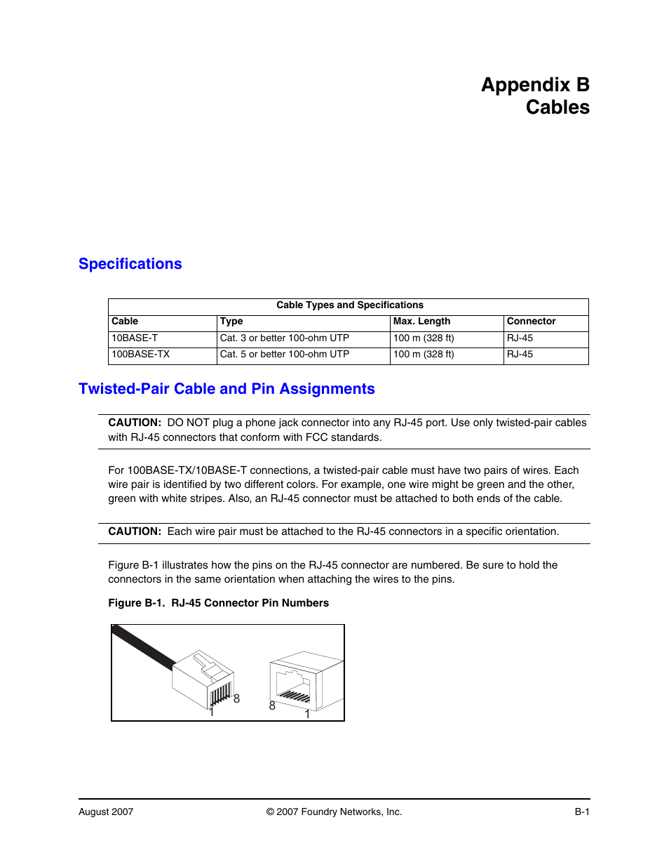 Appendix b cables, Specifications, Twisted-pair cable and pin assignments | Foundry Networks IRONPOINT 250 User Manual | Page 45 / 64