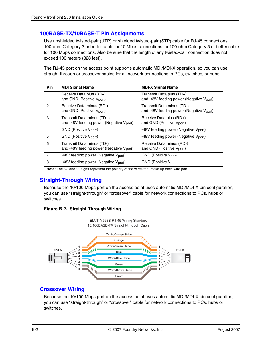100base-tx/10base-t pin assignments, Straight-through wiring, Crossover wiring | Foundry Networks IRONPOINT 250 User Manual | Page 46 / 64