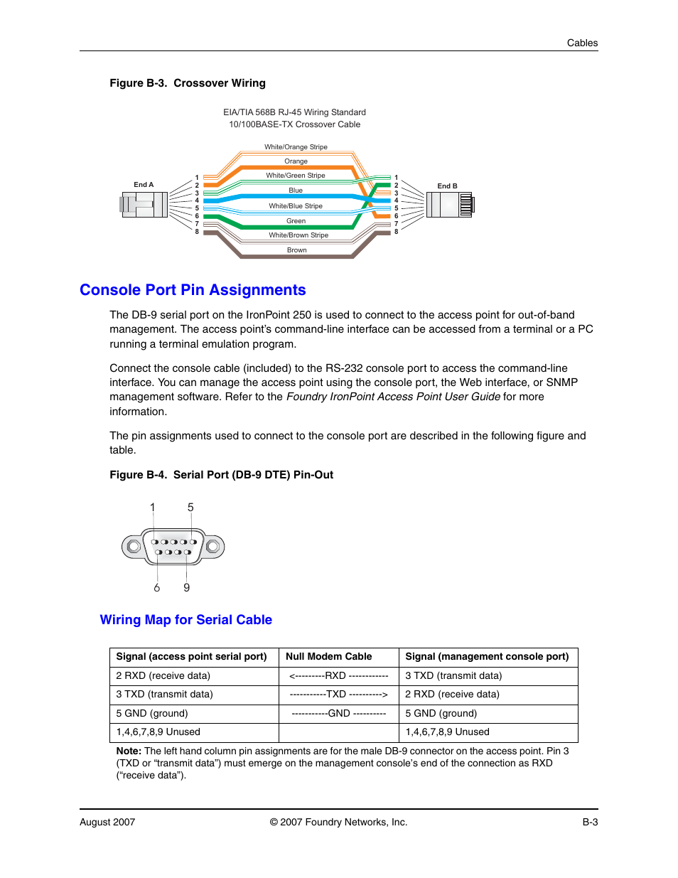 Console port pin assignments, Wiring map for serial cable | Foundry Networks IRONPOINT 250 User Manual | Page 47 / 64