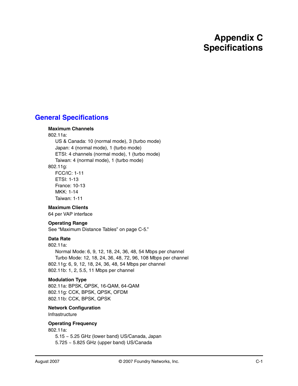 Appendix c specifications, General specifications | Foundry Networks IRONPOINT 250 User Manual | Page 49 / 64