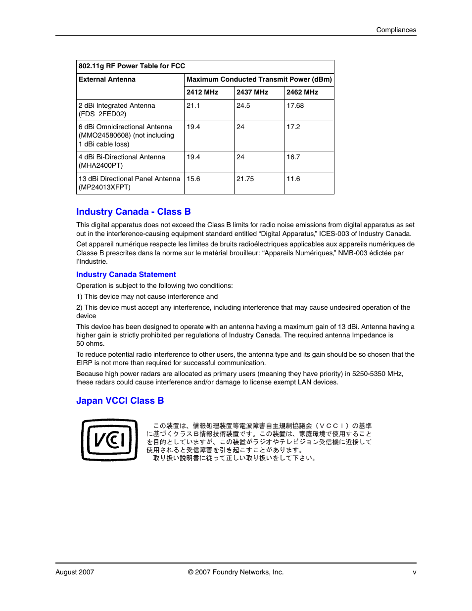 Industry canada - class b, Japan vcci class b | Foundry Networks IRONPOINT 250 User Manual | Page 5 / 64