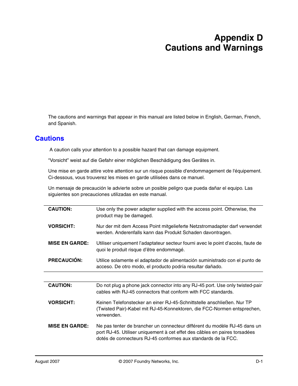 Appendix d cautions and warnings, Cautions, Appendix 1. cautions and warnings -1 | Cautions -1 | Foundry Networks IRONPOINT 250 User Manual | Page 55 / 64