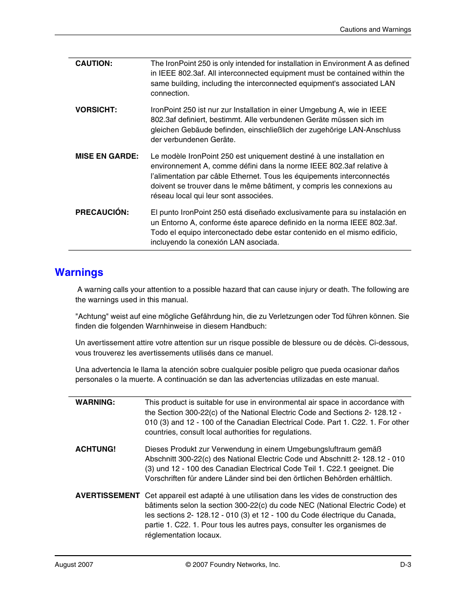 Warnings, Warnings -3 | Foundry Networks IRONPOINT 250 User Manual | Page 57 / 64