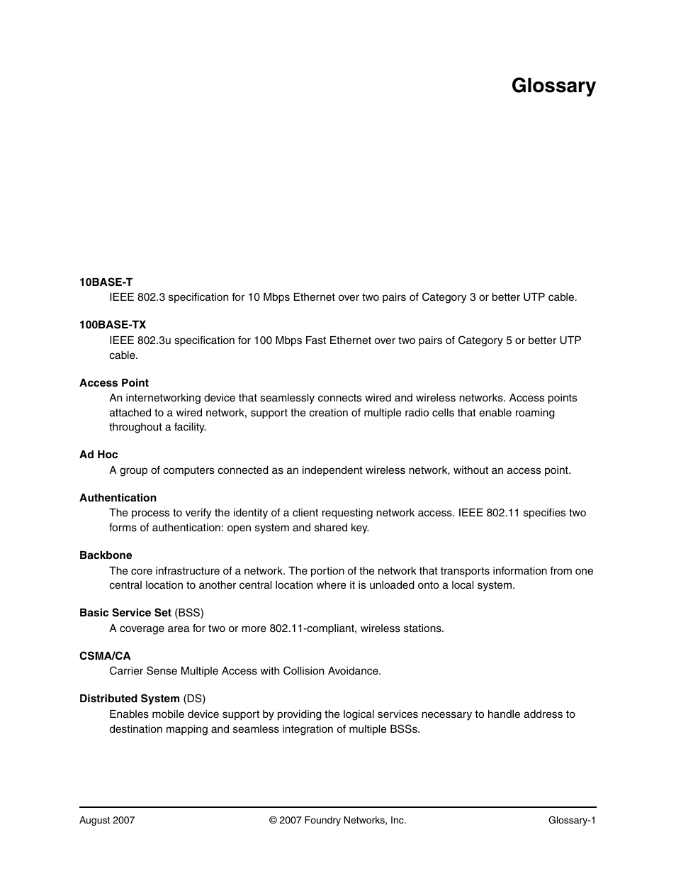 Glossary | Foundry Networks IRONPOINT 250 User Manual | Page 59 / 64