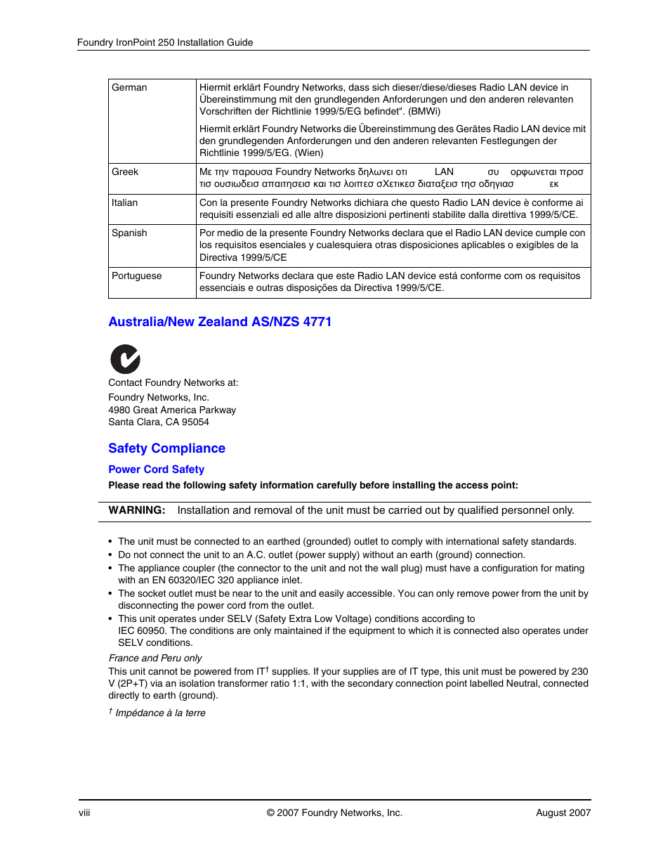 Australia/new zealand as/nzs 4771, Safety compliance | Foundry Networks IRONPOINT 250 User Manual | Page 8 / 64