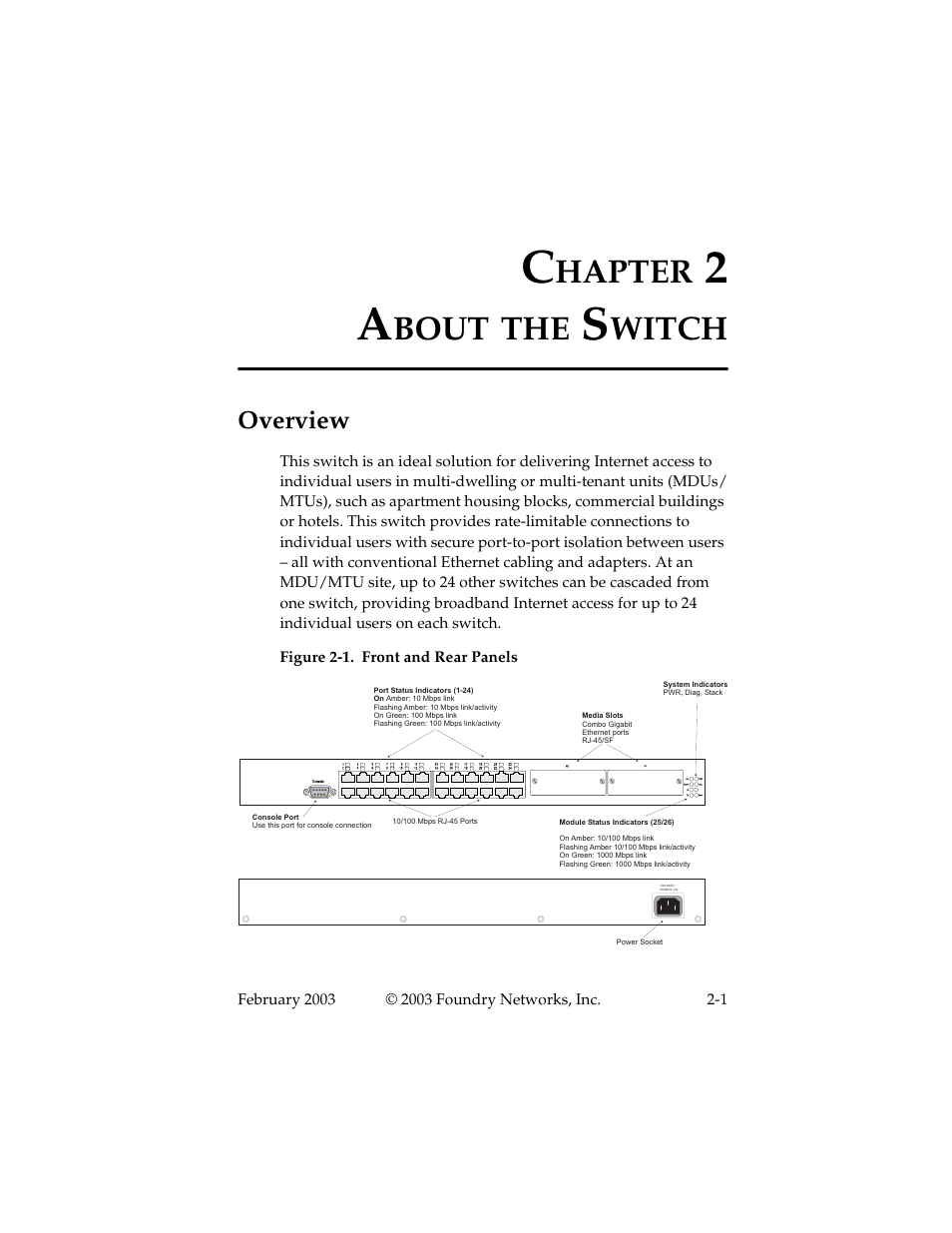 About the switch, Overview, Chapter 2 about the switch -1 | Overview -1, Hapter, Bout, Witch | Foundry Networks 2402CF User Manual | Page 15 / 66