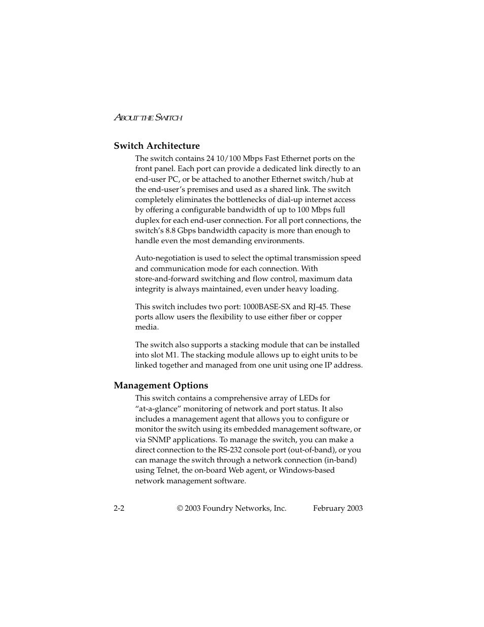 Switch architecture, Management options, Switch architecture -2 management options -2 | Foundry Networks 2402CF User Manual | Page 16 / 66