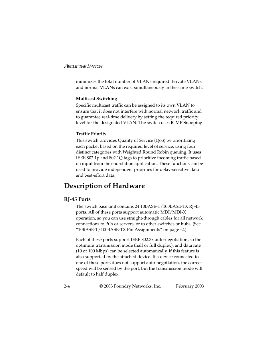 Description of hardware, Rj-45 ports, Description of hardware -4 | Rj-45 ports -4 | Foundry Networks 2402CF User Manual | Page 18 / 66