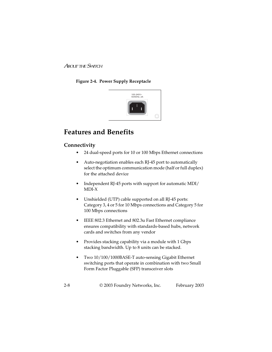 Features and benefits, Connectivity, Features and benefits -8 | Connectivity -8 | Foundry Networks 2402CF User Manual | Page 22 / 66
