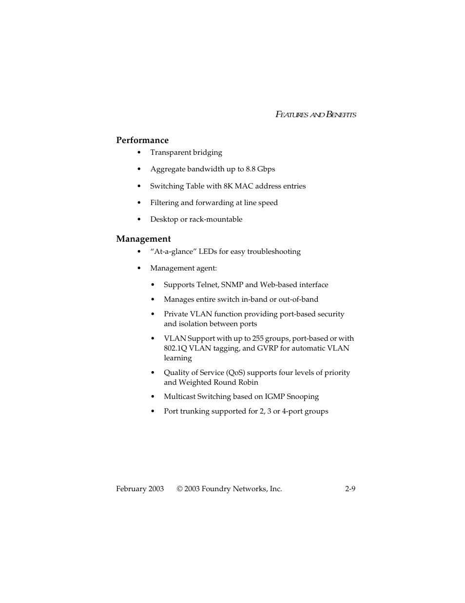 Performance, Management, Performance -9 management -9 | Foundry Networks 2402CF User Manual | Page 23 / 66