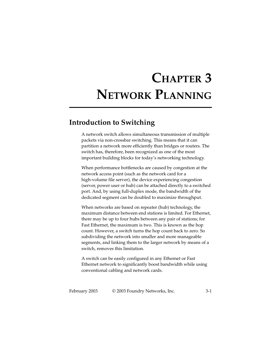 Network planning, Introduction to switching, Chapter 3 network planning -1 | Introduction to switching -1, Hapter, Etwork, Lanning | Foundry Networks 2402CF User Manual | Page 25 / 66