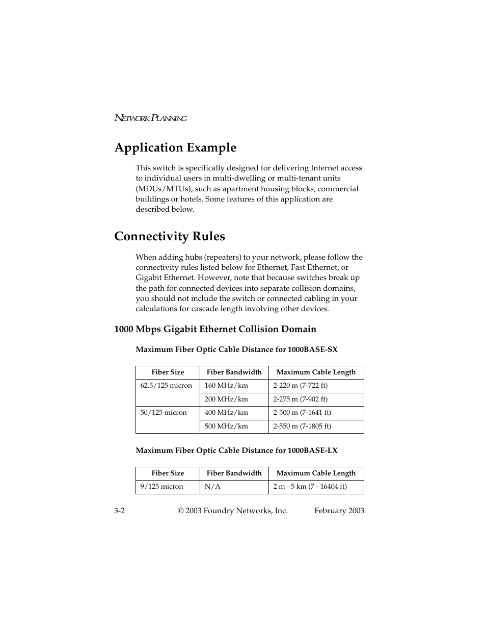 Application example, Connectivity rules, 1000 mbps gigabit ethernet collision domain | Application example -2 connectivity rules -2, 1000 mbps gigabit ethernet collision domain -2 | Foundry Networks 2402CF User Manual | Page 26 / 66