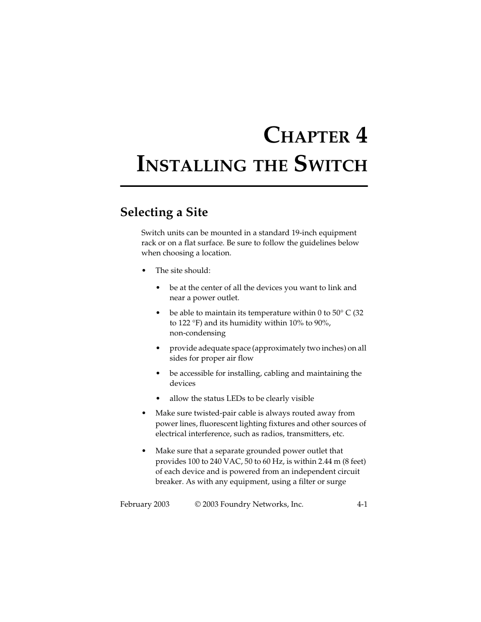 Installing the switch, Selecting a site, Chapter 4 installing the switch -1 | Selecting a site -1, Hapter, Nstalling, Witch | Foundry Networks 2402CF User Manual | Page 29 / 66