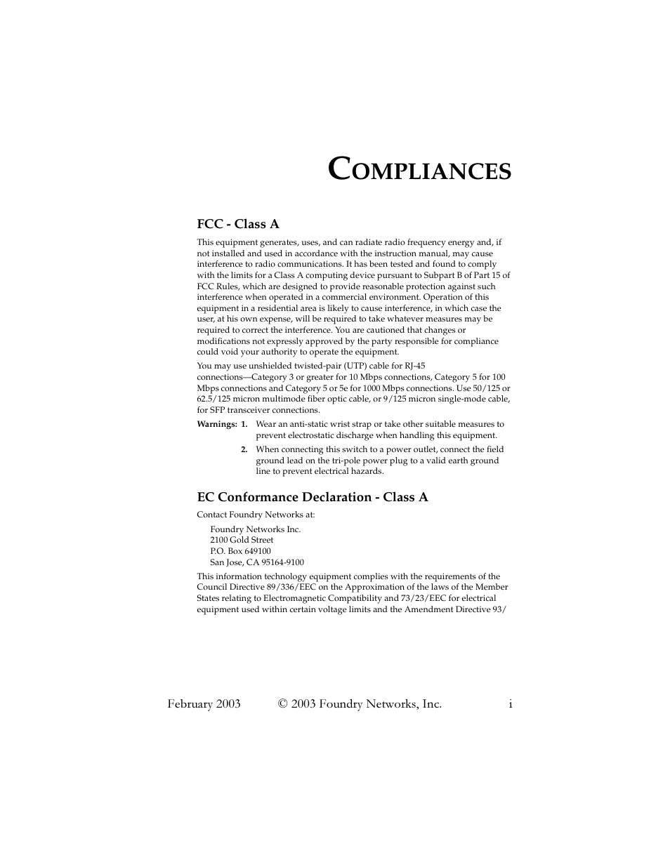 Ompliances | Foundry Networks 2402CF User Manual | Page 3 / 66