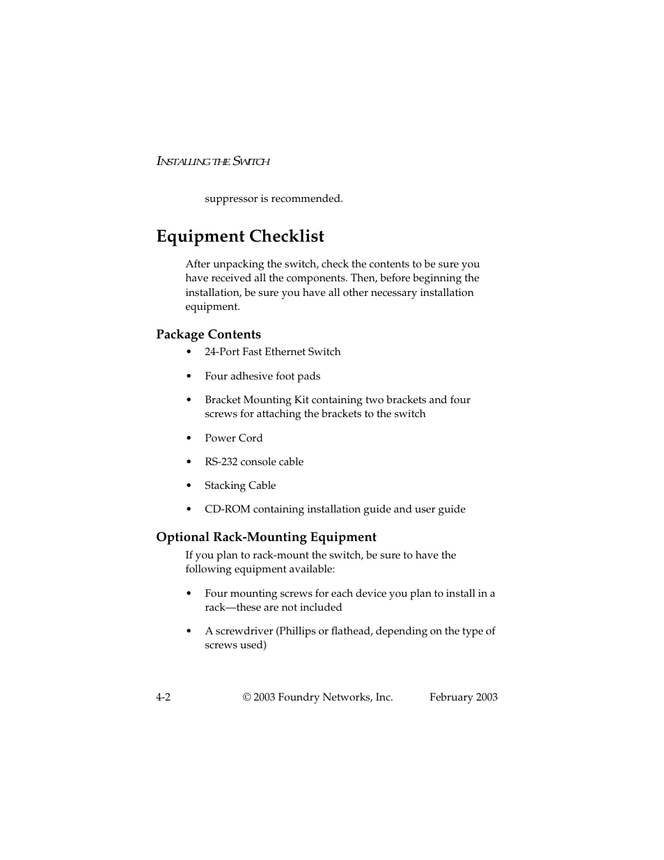 Equipment checklist, Package contents, Optional rack-mounting equipment | Equipment checklist -2 | Foundry Networks 2402CF User Manual | Page 30 / 66