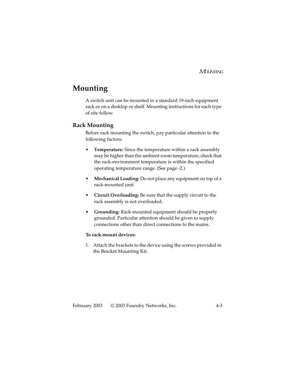 Mounting, Rack mounting, Mounting -3 | Rack mounting -3 | Foundry Networks 2402CF User Manual | Page 31 / 66