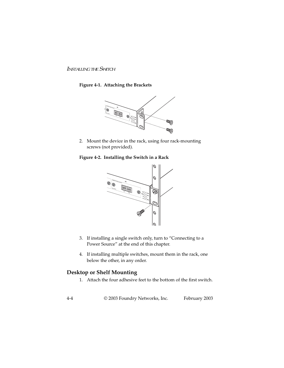 Desktop or shelf mounting, Desktop or shelf mounting -4, Nstalling | Witch | Foundry Networks 2402CF User Manual | Page 32 / 66
