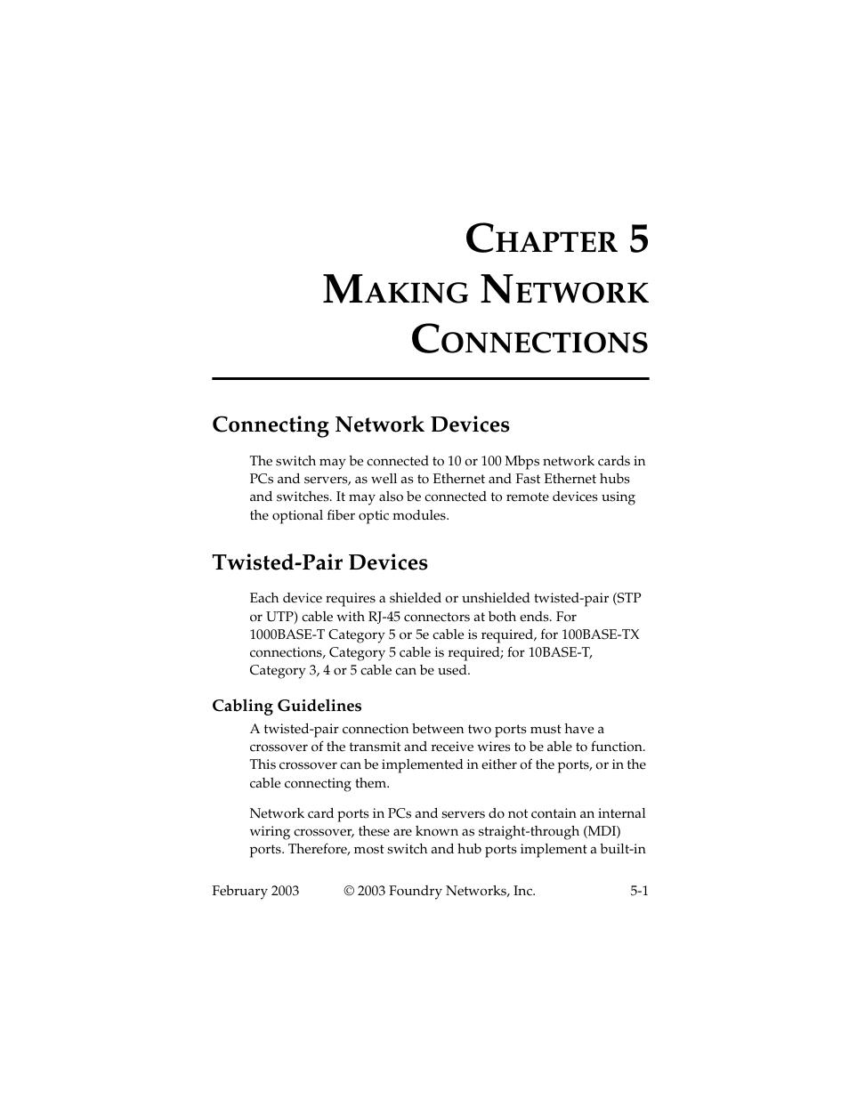 Making network connections, Connecting network devices, Twisted-pair devices | Cabling guidelines, Chapter 5 making network connections -1, Cabling guidelines -1, Hapter, Aking, Etwork, Onnections | Foundry Networks 2402CF User Manual | Page 35 / 66