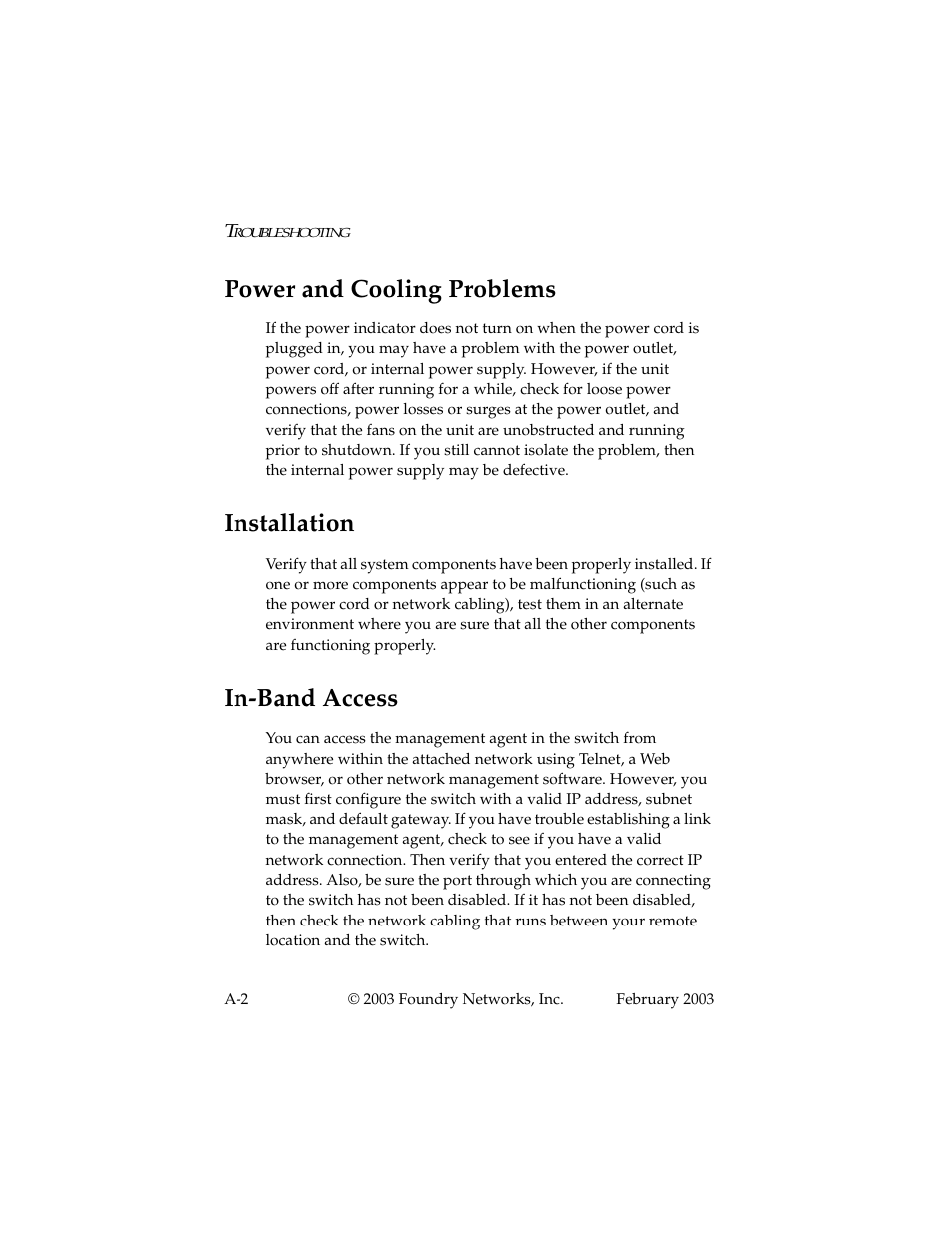 Power and cooling problems, Installation, In-band access | Foundry Networks 2402CF User Manual | Page 42 / 66