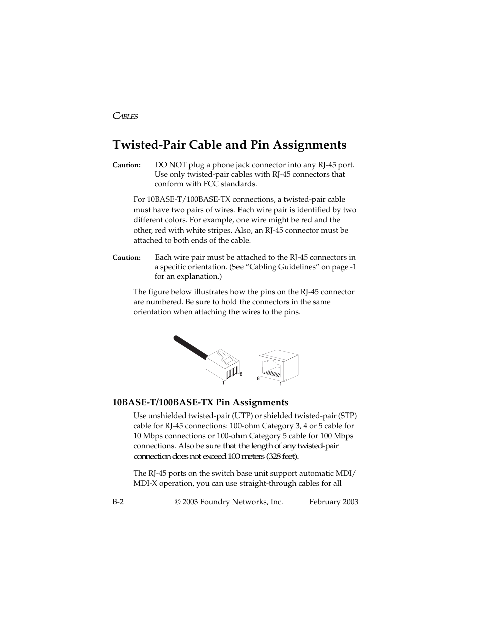 Twisted-pair cable and pin assignments, 10base-t/100base-tx pin assignments | Foundry Networks 2402CF User Manual | Page 46 / 66