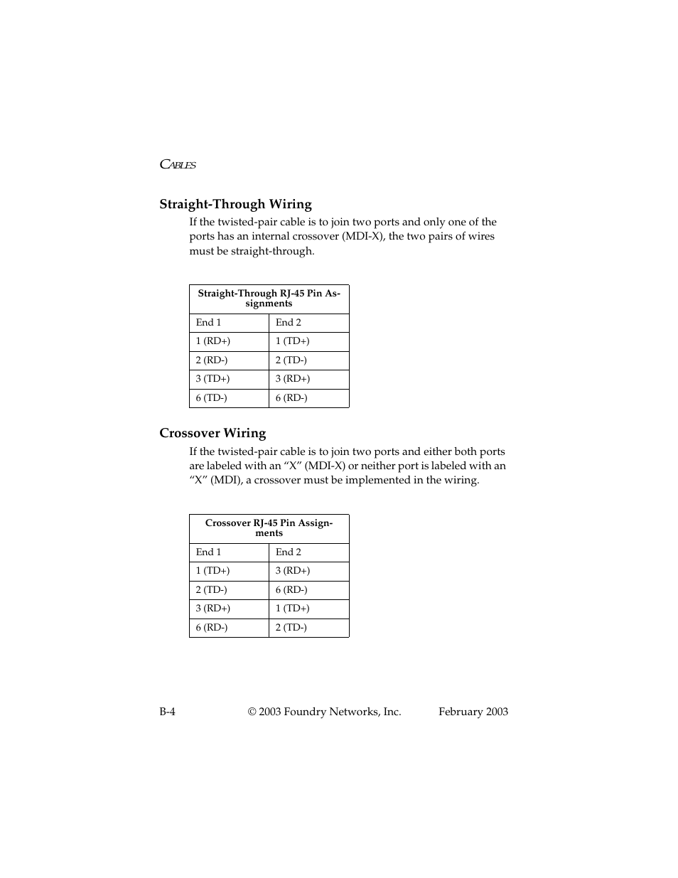 Straight-through wiring, Crossover wiring | Foundry Networks 2402CF User Manual | Page 48 / 66