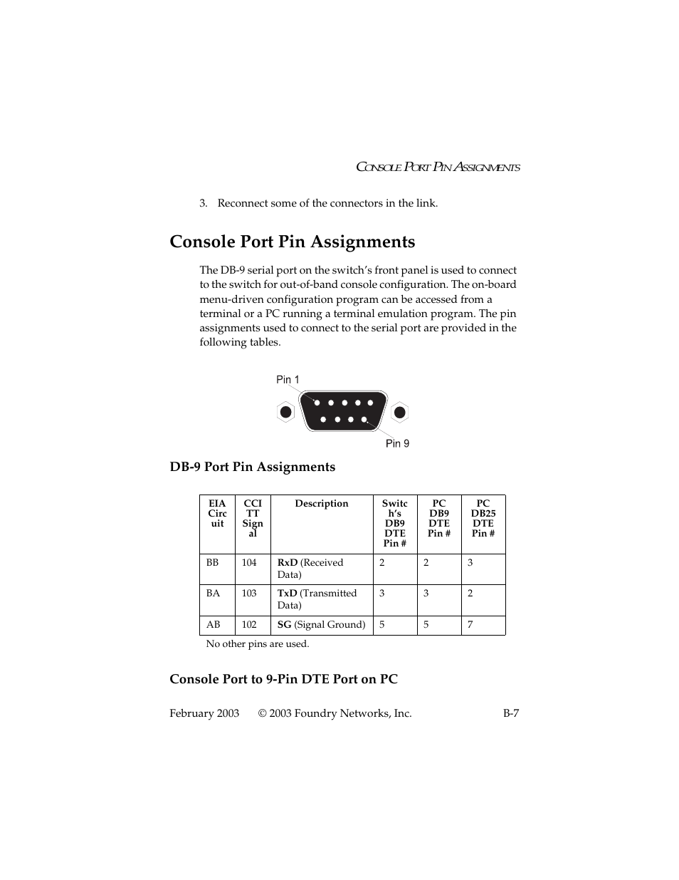 Console port pin assignments, Db-9 port pin assignments, Console port to 9-pin dte port on pc | Foundry Networks 2402CF User Manual | Page 51 / 66
