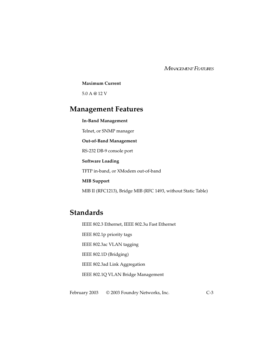 Management features, Standards | Foundry Networks 2402CF User Manual | Page 55 / 66