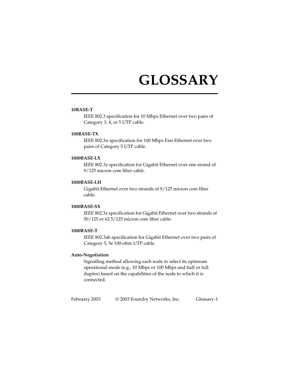 Glossary | Foundry Networks 2402CF User Manual | Page 57 / 66